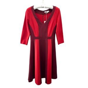 BODEN | Erin Ponte Midi Dress Red Burgundy Colorblock Fit Flare NWT | 2 Petite